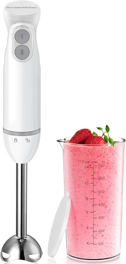 Bonsenkitchen Batidora de Mano 2 en 1, 1000 W, Acero Inoxidable, 2 Velocidades, con Vaso Medidor de 700 ml y Tapa, para Papillas, Sopas, Batidos y Purés