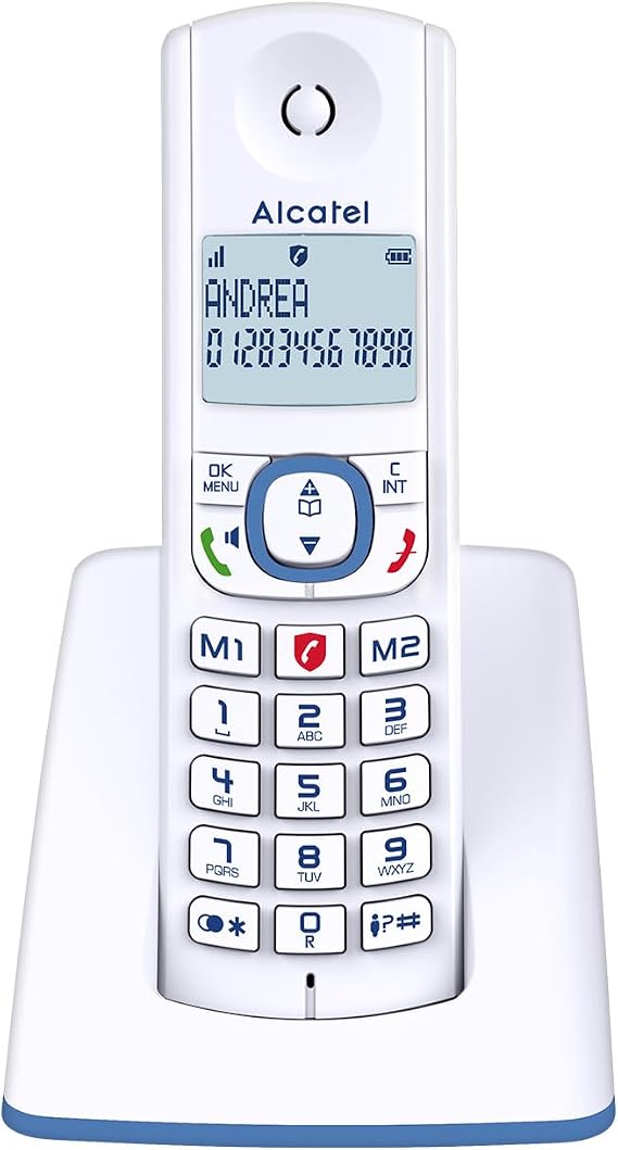 ALCATEL F530 - Teléfono inalámbrico DECT - Gran pantalla retroiluminada - Manos libres - Bloqueo de llamadas - 2 teclas de memoria directa - Blanco/Azul