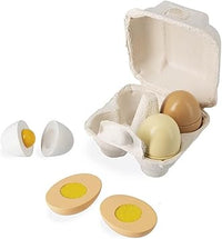 Janod - Huevera con 4 Huevos de Madera - Juguete de Imitación Cocina y Vajilla - 4 Sistemas de Apertura Distintos - Pintura al Agua - A partir de 3 Años, J06593