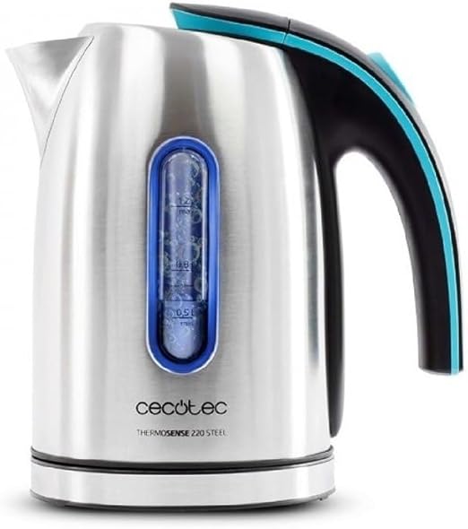 Cecotec Hervidor de Agua Eléctrico ThermoSense 220 Steel. 1,2 litros, Libre de BPA, 1630 W de Potencia, Base 360º, Filtro Antical Desmontable, Doble Sistema de Seguridad, Acero Inoxidable