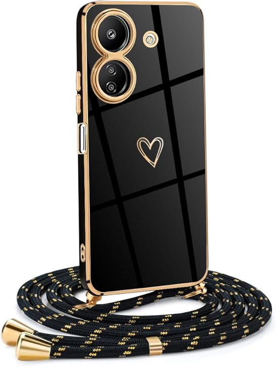 Mkej Funda para Xiaomi Redmi 13C 4G con Cuerda, TPU Suave Silicona diseño de corazón con Chapado en Oro de Lujo, Funda Xiaomi Redmi 13C 4G Cuerda para Mujeres y niñas