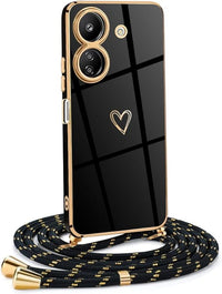 Mkej Funda para Xiaomi Redmi 13C 4G con Cuerda, TPU Suave Silicona diseño de corazón con Chapado en Oro de Lujo, Funda Xiaomi Redmi 13C 4G Cuerda para Mujeres y niñas