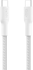 Belkin Eco Cable Trenzado C a C de 1m y 240 W, Cable Tipo C Carga Rápida, suave y flexible para iPhone 16, Galaxy S25, Pixel 9, MacBook, IPad Pro - Blanco