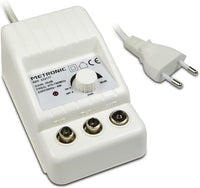 Metronic 332187 Amplificador TV FM/VHF/UHF para Digital terrestre con Filtro 5G, 2 x 24dB Ajustables, 1 Entrada/2 Salidas, Interior, 47/694 MHz, Blanco