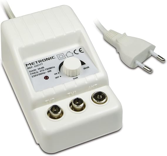 Metronic 332187 Amplificador TV FM/VHF/UHF para Digital terrestre con Filtro 5G, 2 x 24dB Ajustables, 1 Entrada/2 Salidas, Interior, 47/694 MHz, Blanco