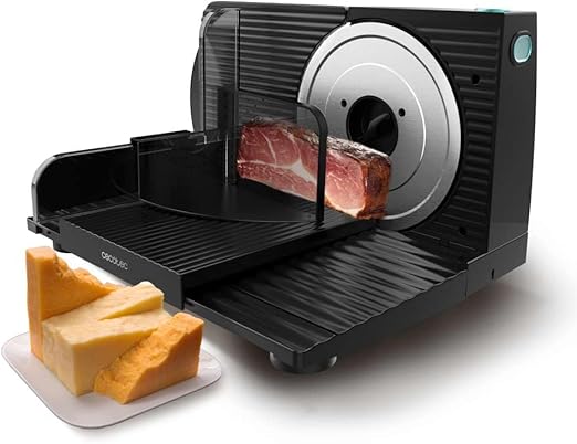 Cecotec Cortafiambres Rock’nCut Shuriken. 150W, Disco extraíble de 17cm de Diámetro, Diferentes Alimentos, Ajuste gradual 0 a 15mm, QuickOut, Plegable, Cuerpo de Plástico, Acero Inoxidable