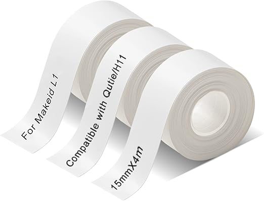 Compatible con impresora de etiquetas MAKEID L1 Q1 E1, cinta térmica para PRT/HPRT Qutie Label Maker papel de etiquetas impermeable de 15 mm x 4 m (blanco, 3 rollos)