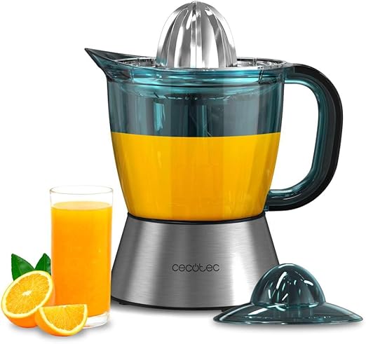 Cecotec Exprimidor Zitra Full Steel, 60W de Potencia, Filtro Acero Inoxidable, 2 Conos desmontables, Doble Sentido de Giro, Apto Lavavajillas, Tambor Calibrado en ml, 1 L
