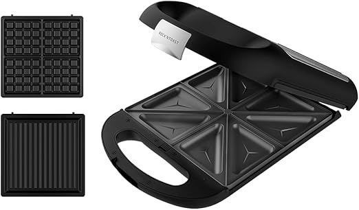 Cecotec Sandwichera Rock'nToast Family 3in1. 1500 W, Capacidad para 4 Sandwiches, Revestimiento Antiadherente, 3 Placas Intercambiables, Rapidez y Tostado uniforme, Acero Inox