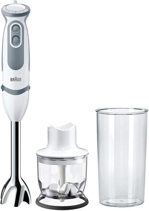 Braun Hogar Batidora de mano, 21 velocidades y función turbo, anti-salpicaduras, Powerbell Plus, 2 accesorios (mini-picadora 350 ml, vaso medidor 600 ml), Blanco, 1000 W
