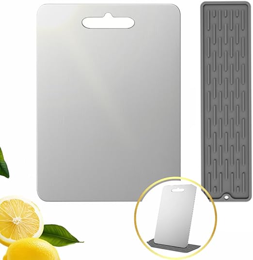 Persavibe Tabla de Cortar Acero Inoxidable | Doble Cara | Higiénica y Sin Olores | Apta Lavavajillas | Colgable y con Alfombrilla de Secado (34x23cm)