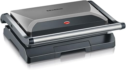 SEVERIN - Parrilla eléctrica y grill de contacto sobremesa, plancha sandwichera antiadherente, parrilla de mesa con bandeja recogegrasas para fácil limpieza, 22.5x27x8.5 cm, metalizado, 800 W, KG 2394