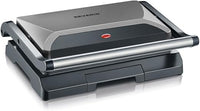 SEVERIN - Parrilla eléctrica y grill de contacto sobremesa, plancha sandwichera antiadherente, parrilla de mesa con bandeja recogegrasas para fácil limpieza, 22.5x27x8.5 cm, metalizado, 800 W, KG 2394