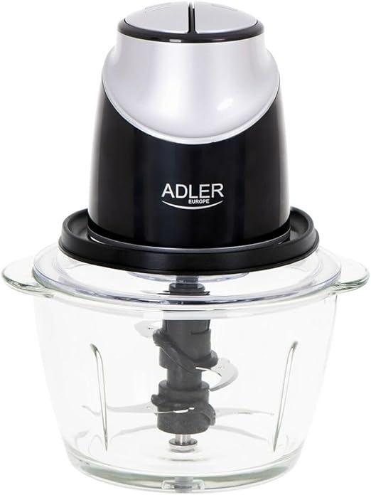 ADLER AD4082 Picadora Eléctrica de Alimentos, 4 Cuchillas Acero Inoxidable, 2 Velocidades, Recipiente de Cristal 1,2 Litros, Accesorios Aptos para Lavavajillas, Pica y Tritura Carne, Verduras, 550W