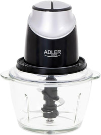 ADLER AD4082 Picadora Eléctrica de Alimentos, 4 Cuchillas Acero Inoxidable, 2 Velocidades, Recipiente de Cristal 1,2 Litros, Accesorios Aptos para Lavavajillas, Pica y Tritura Carne, Verduras, 550W