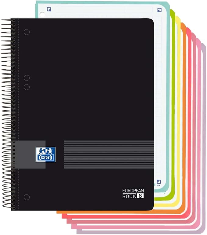 Oxford, Cuaderno A5 Cuadriculado 5x5, Tapa Plástico, 160 Hojas, 8 Bandas de Color, Libreta Microperforada, Color Negro