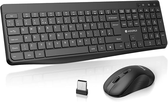 KOORUI Kabellose Tastatur- und Maus-Kombinationen, 12 Multimedia- und Shortcut-Tasten, UK-Layout, Tastatur und Maus, Set für Windows, MacOS, Linux, Schwarz (Batterie Nicht im Lieferumfang enthalten)