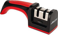 ARCOS Afilador Profesional con Mango Ergonómico de Uso Manual para Afilar y Pulir Cuchillos. Rodillos Cerámicos y de Carbono. Color Rojo y Negro
