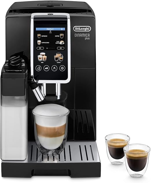 DeLonghi Dinamica Plus ECAM382.70.B, Máquina Automática de Café en Grano, Máquina Cappuccino con LatteCrema Hot, Cafetera Espresso, Taza con 18 Recetas, Pantalla TFT 3,5, 1450W, Negro