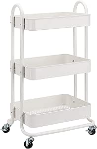 Amazon Basics Carrito de cocina o multiuso de tres niveles con ruedas en blanco