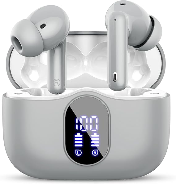 Auriculares Inalámbricos, Bluetooth 5.3 con HD Micrófono HiFi Estéreo Pantalla LED, Reducción de Ruido, 13 mm Controlador dinámico, IP7 Impermeable 36H Cascos Inalambricos