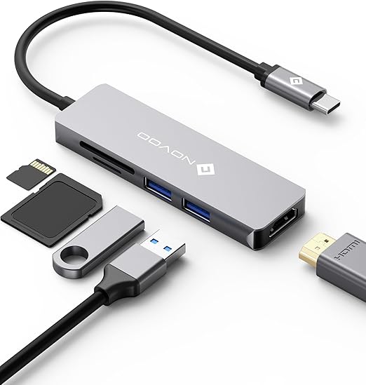 NOVOO Hub USB C 5 en 1 Multipuerto Adaptador con HDMI 4K, 2 Puertos USB 3.0, Lector de Tarjetas SD/TF para MacBook Pro 2019/2018, iMac 2017, Huawei MateBook, Google Chromebook Pixel y más