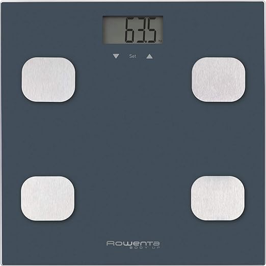 Rowenta Body Up BR2520 - Báscula de baño con medidor de grasa corporal e IMC que almacena hasta 8 perfiles de usuario, gran pantalla LCD, plataforma de vidrio, hasta 150 kg de capacidad, Color Azul