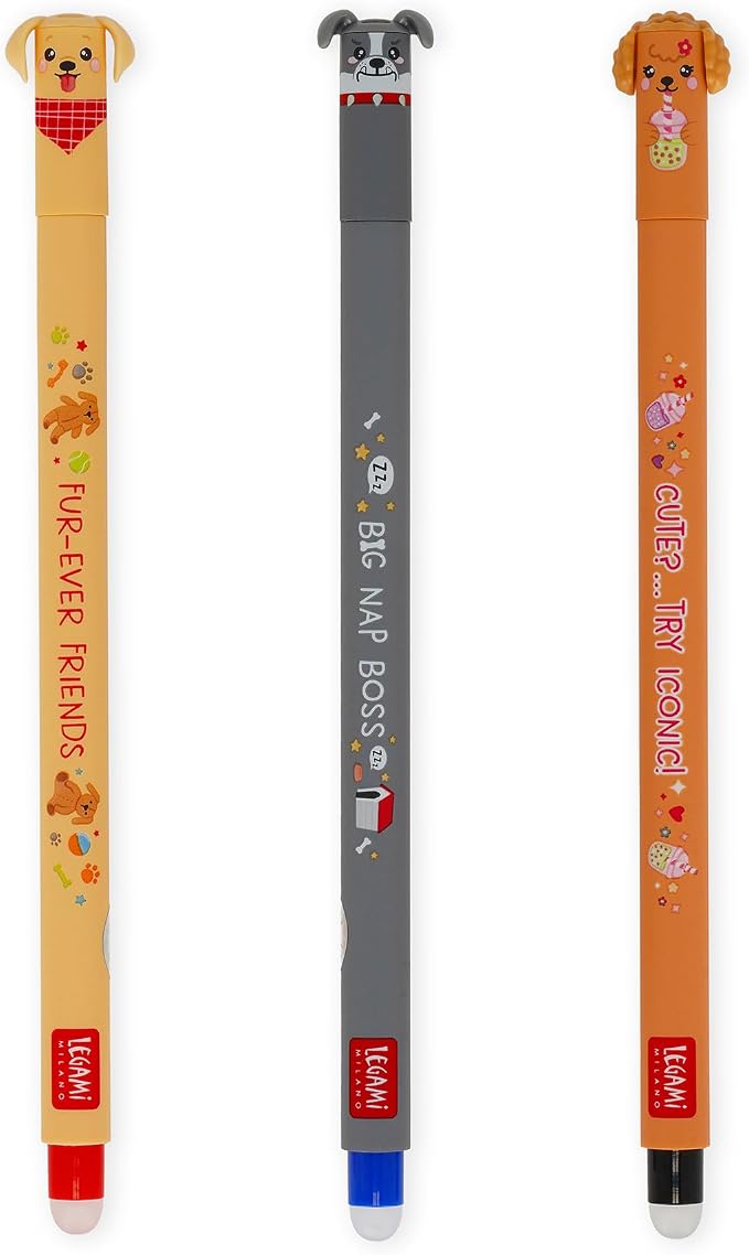 Legami - Set di 3 Bolígrafos de gel borrables Fur-ever Friends, Penne con Inchiostro Cancellabile Termosensibile, Negro, Azul, Rojo, Cancella Senza Consumare il Foglio, Punta 0,7 mm