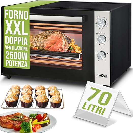 Bakaji Horno eléctrico ventilado, capacidad 70 litros, potencia 2500 W, temperatura regulable hasta 250°, 2 ventilaciones con elementos calefactores, acero, luz interior, función temporizador, asador