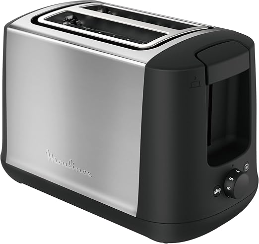 Moulinex Subito LT340811 Tostadora 2 ranuras y 7 ajustes/tiempo de tostado, función Stop, bandeja recoge-migas, 2 ajustes con iluminación para funciones descongelar y recalentar, Negra