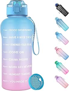 WEMEET Botella de agua de 2 litros con marca de tiempo [sin BPA Tritan], botella deportiva de 2 litros con filtro de fruta a prueba de fugas, botella de agua de 2000 ml