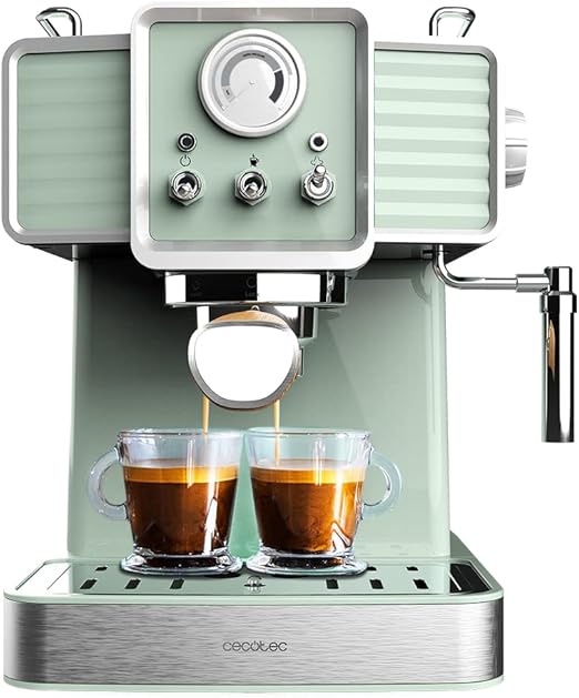 Cecotec Cafetera Express Power Espresso 20 Tradizionale Light Green. 1350 W, Espresso y Cappucicno, 20 Bares y Thermoblock, Vaporizador, Manómetro, Diseño Vintage, Capacidad 1,5 Litros