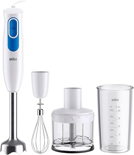 Braun Minipimer 2 MQ20236MWH, Batidora de Mano con Sistema EasyTwist, Batidora para Salsas y Smoothies, 2 Velocidades, Picadora de 500 ml y Varilla Batidora, 600W, Blanco