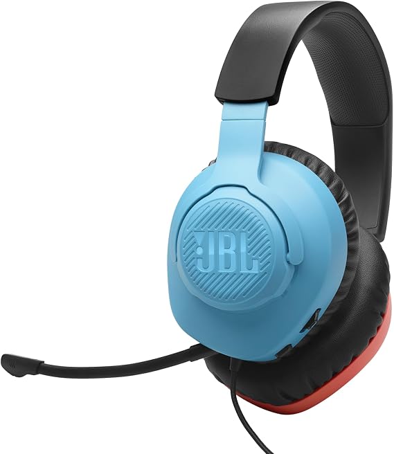 JBL Quantum 100N, auriculares para gaming con cable y micrófono extraíble, JBL QuantumSOUND Signature, compatibles con múltiples plataformas y Windows Sonic Spatial Sound, azul y rojo