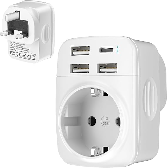 Hoppac 5 en 1 Adaptador Enchufe UK, Adaptador Tipo G con 3 USB A y 1 USB C para Irlanda, Hong Kong, Singapur, Malasia, Malta, Chipre, Catar y Pakistán, Blanco
