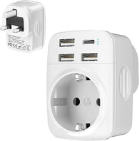 Hoppac 5 en 1 Adaptador Enchufe UK, Adaptador Tipo G con 3 USB A y 1 USB C para Irlanda, Hong Kong, Singapur, Malasia, Malta, Chipre, Catar y Pakistán, Blanco