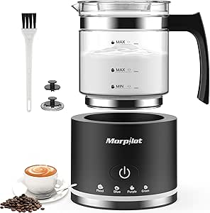 Morpilot Espumador de Leche Eléctrico, 500 ml, 600 W, 4 en 1 para Leche Caliente y Fría, Apto para Lavavajillas, Cristal Transparente, Diseño Latte, Negro
