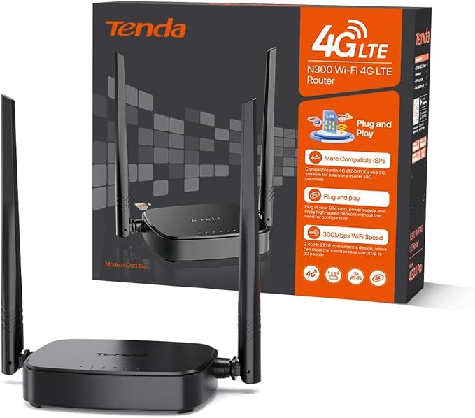 Tenda 4G03 Pro - Router 4G SIM, Inalámbrico LTE CAT4, Router 4G con Tarjeta SIM Velocidad hasta 300Mbps, Plug&Play, LAN/WAN Ethernet Port, Charge with Powe Bank, Compatible con múltiples operadores