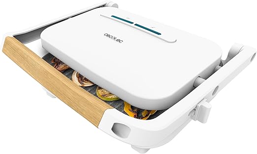 Cecotec Parrilla Eléctrica Rock'Ngrill 1300 Wood W. Potencia de 1300W, Diseño Blanco, Revestimiento Rockstone, Base Antideslizante, Placa Flotante, Indicador Luminoso, Asa de Madera, Versatilidad