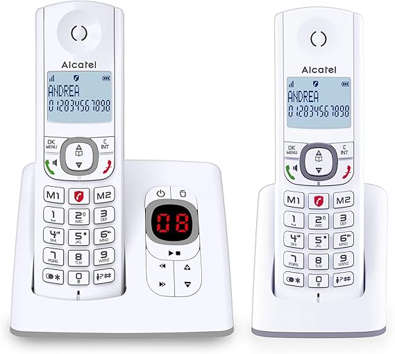 ALCATEL F530 Voice Dúo - Teléfono Inalámbrico DECT Con Contestador - Gran Pantalla Retroiluminada - Manos Libres - Bloqueo de Llamadas - 2 Teclas de Memoria Directa - 2 terminales - Blanco/Gris