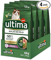Ultima Bolas de pelo Pavo, Comida seca para gatos, Pack de 4 x 1,5kg, Total 6kg