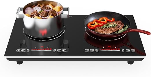 GTKZW Placa de Inducción 2 Fuegos 3600W, Placa de Cocina Eléctrica 60cm Portátil con 9 Niveles de Potencia, Temporizador y Bloqueo Infantil, Hornillo para Cocina y Apartamento