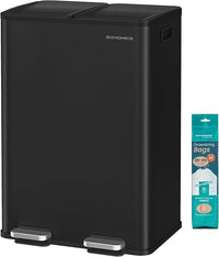 SONGMICS Cubo de Basura de Cocina, 2 x 30 L, 2 Compartimentos, Papelera de Pedal, con Tapa de Cierre Suave y Cubo Interior, Acero, Incluye 15 Bolsas de Basura, Negro Tinta LTB741B02