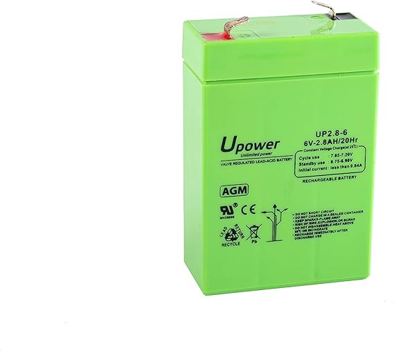 U-Power Batería AGM 6V 2.8Ah – Sellada Recargable Plomo-Ácido VRLA – para Alarmas, SAI/UPS, Seguridad, Juguetes Eléctricos y Más – Terminal Faston F1 (4.8 mm)
