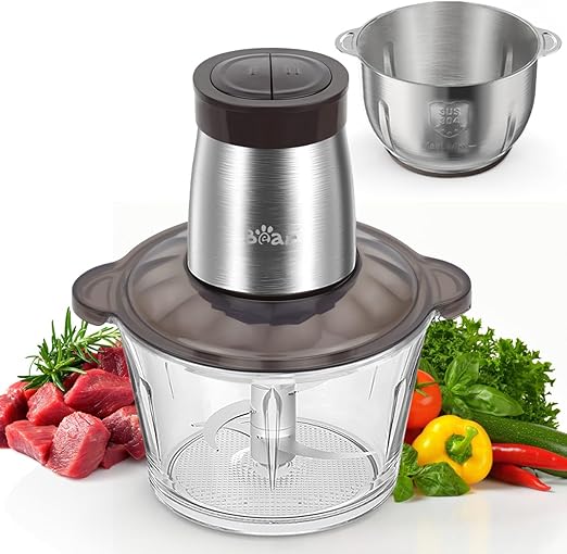Bear 2L+1.8L Picadora de Alimentos,Clase de 2 Velocidades, Trituradora de Cocina Eléctrica, Trituradora de 600w, con 4 Cuchillas de Acero Inoxidable y Picadora de Carne