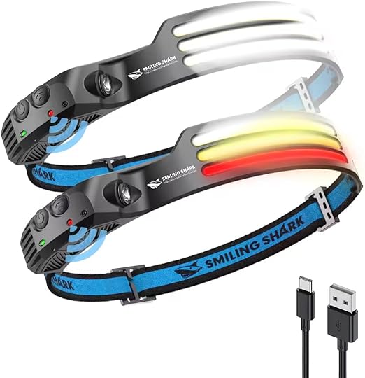 Smiling Shark Linterna Frontal, 230°Gran Angular 3*Tiras Luz LED Blanco de la Headlight Más Brillante Recargable con Sensor Movimiento Impermeable Camping Ciclismo, Linterna-Frontal-LED-Cabeza-Light