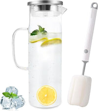 Diompirux 1,5 Litros Transparente y resistente al calor Botella, Jarra de Vidrio con Tapa y Cepillo, Limpieza fáciles de limpiar, para agua fría caliente, té helado, vino, café, leche y zumo