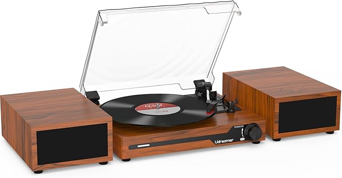 Udreamer Tocadiscos con 2 Altavoces Estéreo Duales, Vintage Tocadiscos con Bluetooth 5.3 Compatible 3 Velocidades, Entrada Auxiliar, Línea RCA, USB, Reproducción Inalámbrica, Marró