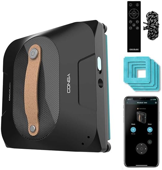 Cecotec Robot Limpiacristales Conga Windroid 1390 Double Spray Connected, 3 en 1; Pulveriza, Limpia y Seca, Doble Spray, App y Mando, 8 Modos, Radio de acción 7,5m, Cuerda de Seguridad, Kit Limpieza