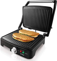 Taurus Asteria - Grill y plancha de asar, 2200W, placas de 28 x 22 cm, parrilla eléctrica con regulador de temperatura, apertura 180º, asa de toque frío, antiadherente libre de PFOA, Negro/Inox